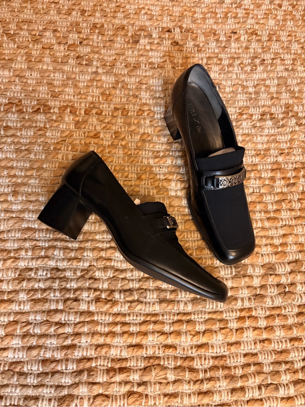 Vintage Unisa Black Women's Block Heel Loafers. Authentic Leather.